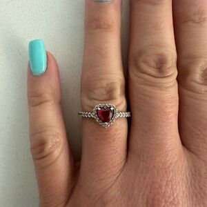 Pandora Heart-Shaped Silver and Red Gemstone Ring